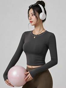 Women's Solid Color Crew Neck Compression Sports T-Shirt, - Grey - View 5