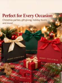10pcs Merry Christmas Mini Gift Bags With Ribbon, Black Green Red 3 Colors, Gold Foil Letters, Easy Assembly, Suitable For Party Favors, Chocolates, Candies, Cookies, Jewelry And Small Gifts, Holiday Gift Packaging - Multicolor - View 3