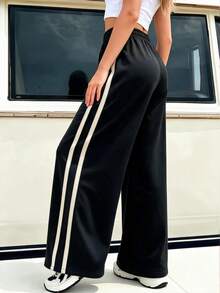 Women's Black Polyester Straight Leg Pants With Side Stripe And Star Embroidery, Long Drawstring Waist Pants With Pockets - Black - View 3