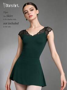 DonsGirl 1pc Women V-Neck Lace Patchwork Short Sleeve Leotard, Elegant Dance Bodysuit Spring Sports Fall - Dark Green - View 5