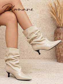 planare New Women's Fashion Personalized Ruched Mid-Calf Beige Boots, Slip-On Pointed Toe Kitten Heel Street Casual Slouchy Boots, Slimming - Beige - View 4
