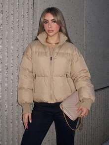 ZAHM Women Fall Winter Casual Regular‑Length Bubble Coat Stand Collar Zip‑Up Lightweight Polyester‑Filled Outerwear - Khaki - View 1