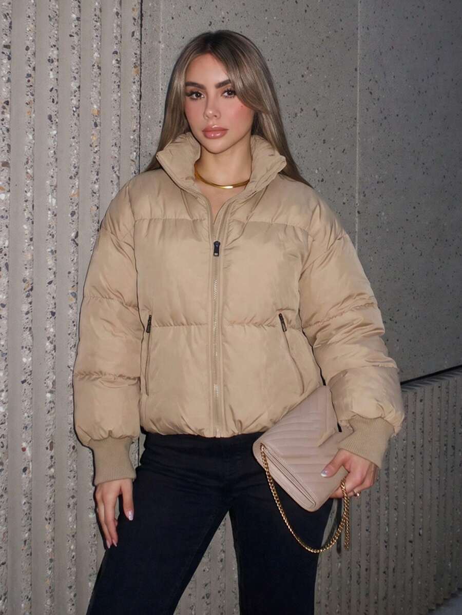 ZAHM Women Fall Winter Casual Regular‑Length Bubble Coat Stand Collar Zip‑Up Lightweight Polyester‑Filled Outerwear - Khaki - View 1
