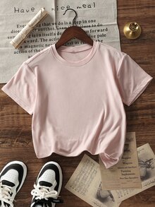 Girls' Loose Round Neck T-Shirt, Cream Color With Fluorescent Cartoon Lightning 67 Print On Back, Breathable & Comfortable For Daily & Holiday Wear - Pink - View 2