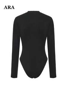 ARA CHIC Women's Stand Collar Ruffle Long Sleeve Bodysuit, Draped Neck Lace Patchwork Side Ruched Waist Slim Fit Top, Elastic Outerwear Bodysuit, All Season, Elegant Street Style - Black - View 10