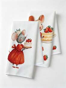 2件組廚房吸水毛巾，聚酯纖維材質，卡通老鼠圖案印花，適用於廚房與浴室，家庭主婦與家庭聚會的理想選擇，高CP值家居用品，適合房間裝飾 - 彩色 - 查看 5