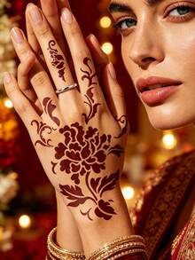 2pcs Brown Vintage Floral Henna Tattoo Set, Symmetrical Large Floral Mehndi Temporary Tattoos For Hands And Feet, Suitable For Music Festivals, Weddings, Eid Parties, Body Art, Formulated Without Henna - Brown - View 5