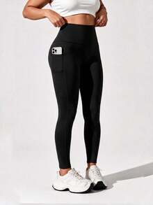 Autumn/Winter Thermal Lined Brushed Plus Size Yoga Leggings, Wearable Cropped Casual Pants, Tummy Control Waist, Side Pockets - Black - View 5
