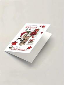 1pc Thickened Sweet Christmas Greeting Card For Close Friend, Toy Dog Holding Red Bow Gift With Snowman With Envelope - A - View 6