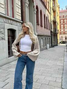 Plus Size Women's Casual Cute Y2K Style Ribbed Cropped Minimalist Knit Cardigan Sweater, Spring/Autumn Long Sleeve Outfit For Going Out, Back To School, Date, Holiday - Apricot - View 7
