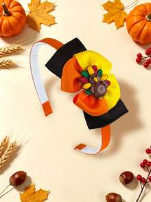 1pc Girls Thanksgiving Bow Headband, Multi-Layer Orange Yellow Brown Ribbon Bow With Cute Turkey Decor, Fall Holiday Party Hair Accessories For Kids - Multicolor - View 6