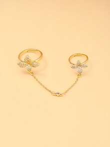 1pc Flower & Eight-Pointed Star Connected Finger Ring, Delicate Chain Elegant Wedding & Daily Jewelry - Four O'Clock Flower - View 6