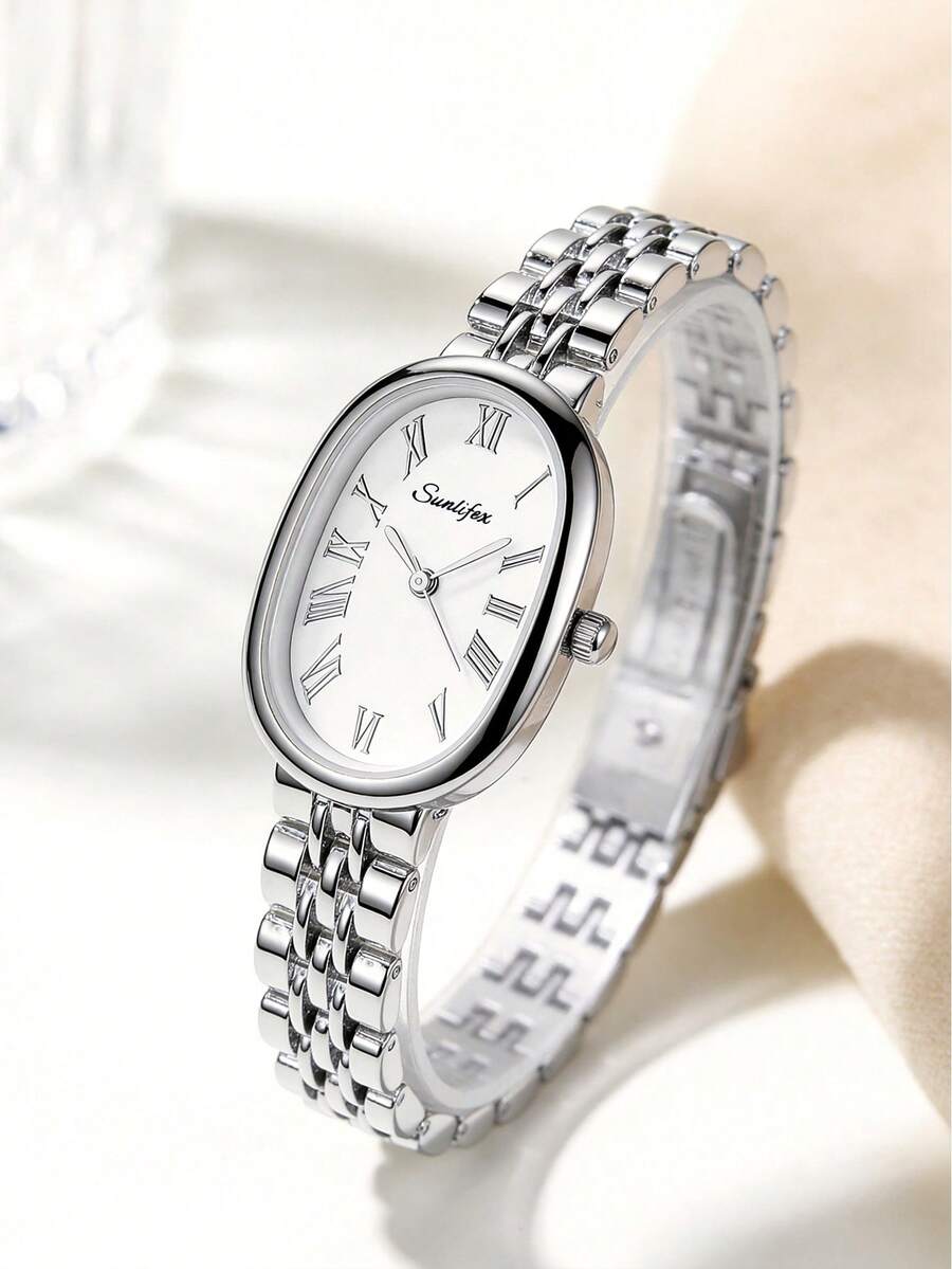 1pc Vintage Oval Quartz Watch For Women, Featuring A Roman Numeral Dial, Silver Alloy Case, And Strap, Suitable For Daily Wear And As A Gift - Silver - View 1
