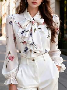 Women's Bow Collar Floral Print Long Sleeve Ruffle Chiffon Blouse, Elegant Business Casual Office Top - White - View 3