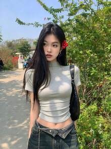 Kaos Kasual Lengan Pendek Kerah Polos Wanita, Musim Panas - Light Grey - View 1