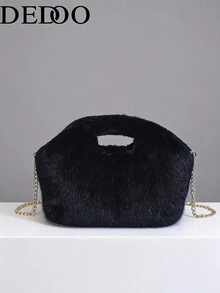 Dedoo Women's Plush Handbag, Shell Shaped, Solid Color, Faux Mink Fur, Hollow Handle, Gold Chain, Crossbody, Fashionable Women Style, Suitable For Autumn/Winter, Party/Date - Black - View 2