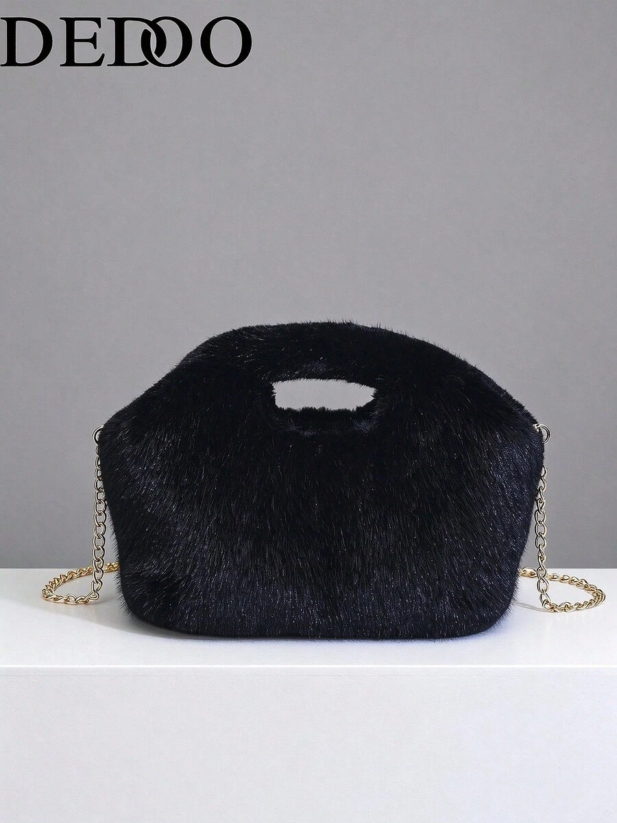 Dedoo Women's Plush Handbag, Shell Shaped, Solid Color, Faux Mink Fur, Hollow Handle, Gold Chain, Crossbody, Fashionable Women Style, Suitable For Autumn/Winter, Party/Date