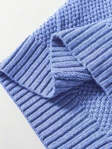 Acelitt Autumn/Winter Women's Solid Color Knitted Textured Pattern Dropped Shoulder Oversized Sweater Dress, Can Order One Size Smaller - Blue - View 10