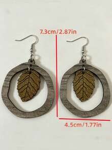 1 Pair Hollow Wooden Ring Leaf Earrings, Vintage Wooden Leaf Earrings - Brown - View 2