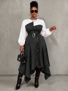Women's Plus Size Patchwork Striped Round Neck Long Sleeve Asymmetric Hem Casual Dress - Multicolor - View 1