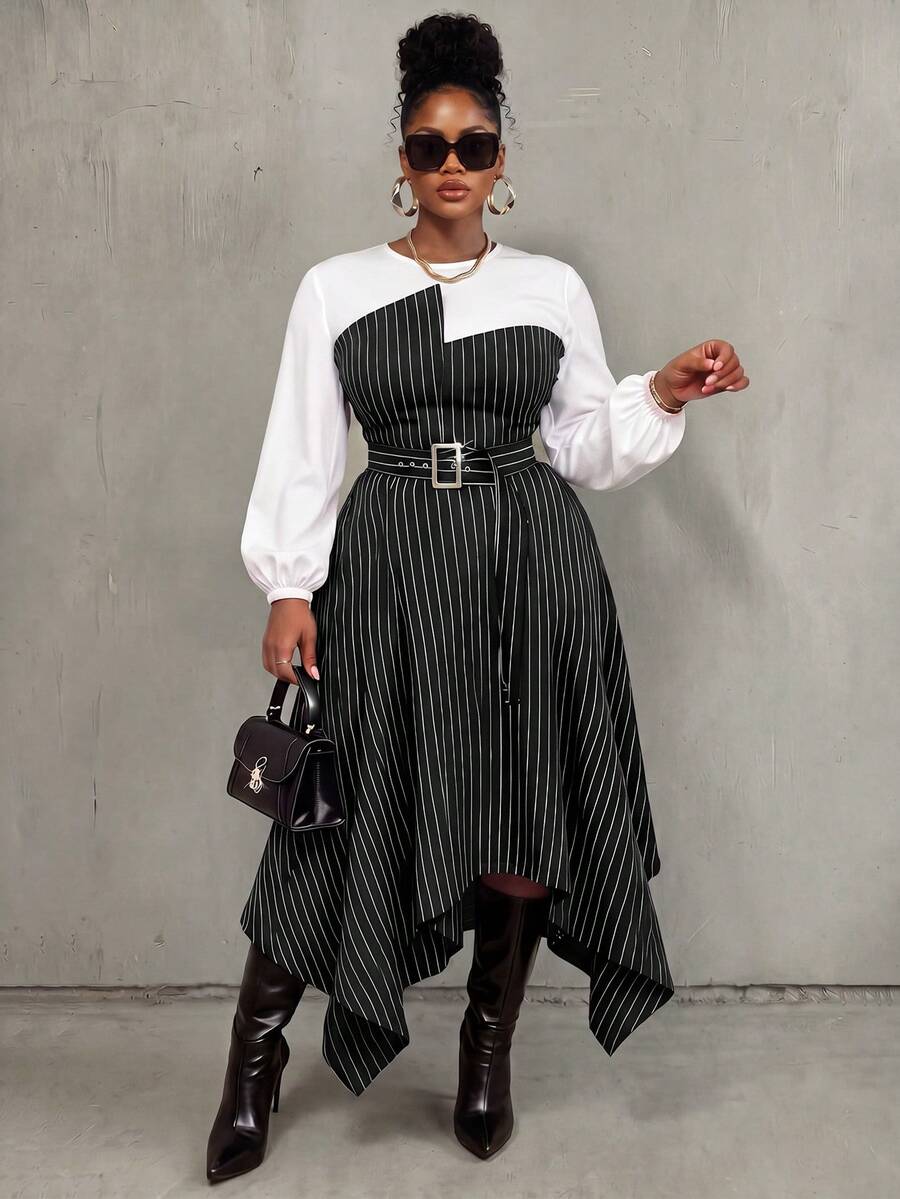 Women's Plus Size Patchwork Striped Round Neck Long Sleeve Asymmetric Hem Casual Dress - Multicolor - View 1
