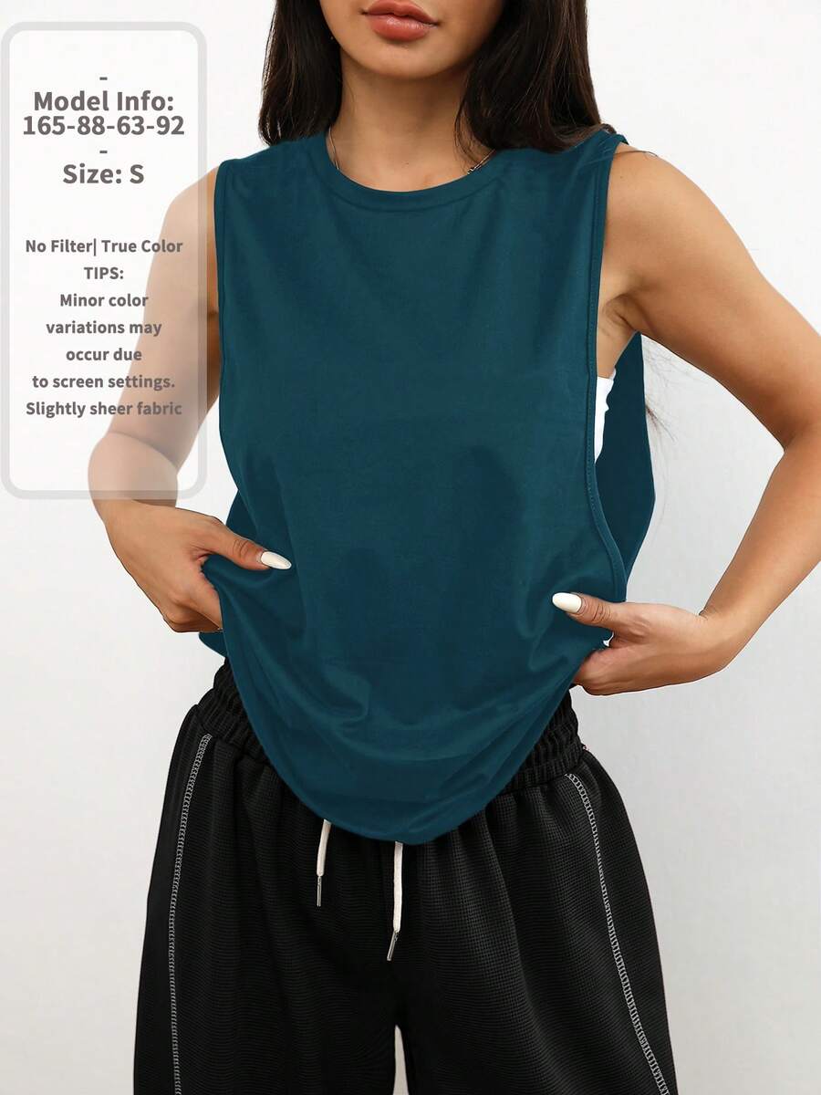 1pc Loose Fit Solid Color Sleeveless Pullover Casual Sportswear For Daily, Running, Fitness, Spring/Summer - Navy Blue - View 1