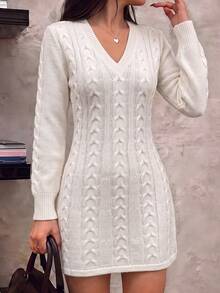 Just Masa Women's Fall Winter Casual Cable-Knit V Neck Sweater Dress,Solid Color Long Sleeve Rib-Knit Knitwear Mini Dress,For Party,Date,Going Out - Apricot - View 7