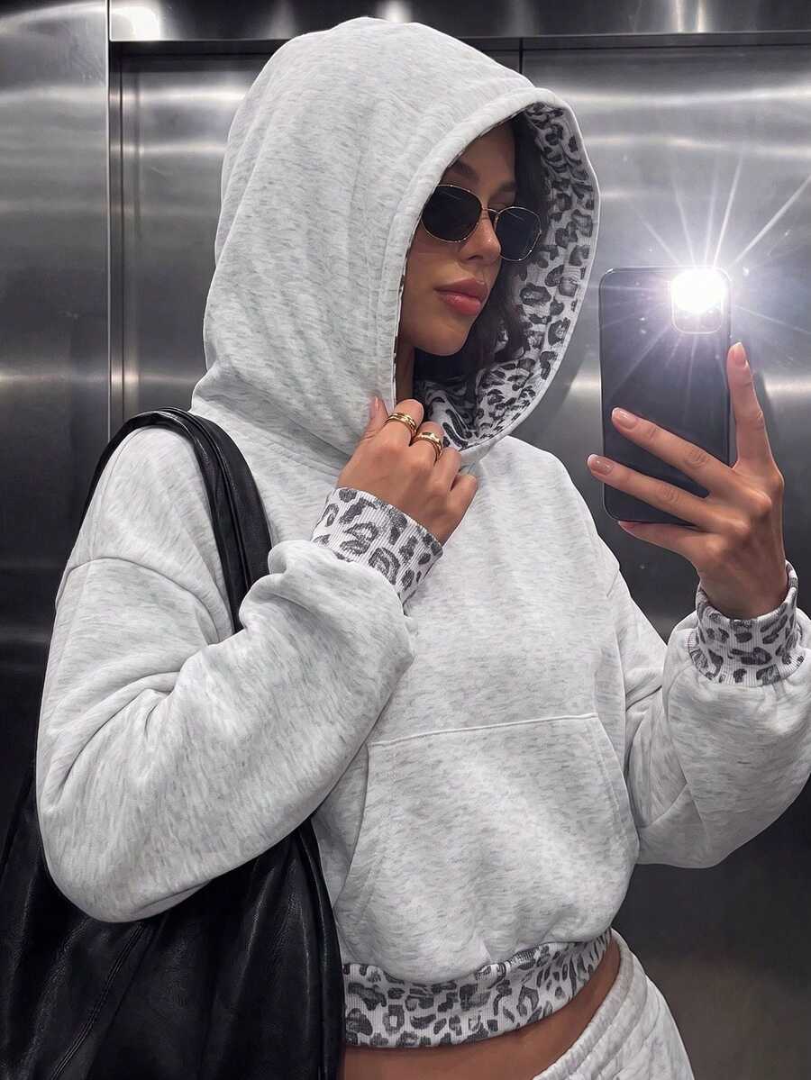 Women's Casual Leopard Print Pockets Short Length Oversized Long Sleeve Hoodies For Daily,Winter Fall Clothes,Fall Winter Outfit,Going Out Tops - Light Gray - View 1