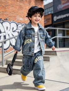 Boys Kids Toddler Autumn Spring All Season Loose Fit Letter Print Hand-Drawn Graffiti Denim Jacket And Jeans 2 Pieces Set Street Style Suitable For Daily Wear School Outdoor Casual - Baby Blue - View 7