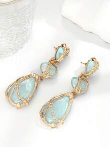 New Bohemian Style Resin Stone Long Dangle Earrings, Lightweight Luxurious Alloy Mesh Earrings, Geometric Water Drop Earrings - Blue - View 2