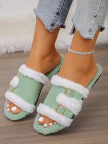 Women's Thermal Lined Fuzzy Slippers, Double Metal Buckle Open Toe Flat Slide, Plush Footbed, Warm Indoor/Outdoor Dual Use, Non-Slip Sole, Autumn/Winter - Premium Light Green and White Faux Fur - View 4