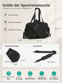 25L Tennis Racket Bag Medium Sports Duffel With Detachable Racket Sleeve Multi Pocket Gym Travel Bag For Adults Tennis Badminton Pickleball Unisex - Schwarz - Übersicht 2