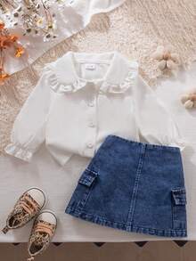 2pcs/Set Baby Girl Sweet Ruffle Peter Pan Collar Button Long Sleeve Shirt And Washed Cargo Skirt Regular Thin Outfit, Suitable For Party Autumn - Blue - View 3