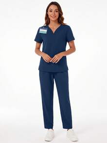 V-Neck Pocket Short Sleeve Top And Pocket Pants Pajama Set - Deep Blue - View 6