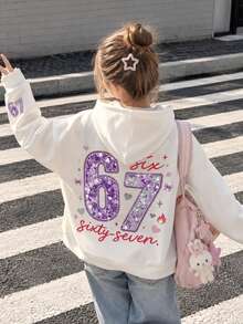 Tween Girl 1pc Thin 67 Print Sweatshirt Sweatshirt, Young Student Children's Clothing, Suitable For Kids' Autumn/Winter Tops - White - View 3