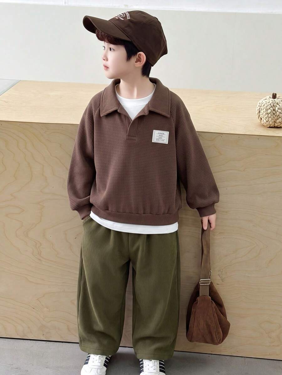 Vihyde Young Boys Cute Retro Waffle Knit Raglan Sleeve Polo Shirt & Wide Leg Pants 2 Pieces Set, Autumn Winter Outfit - Dark Green - View 1