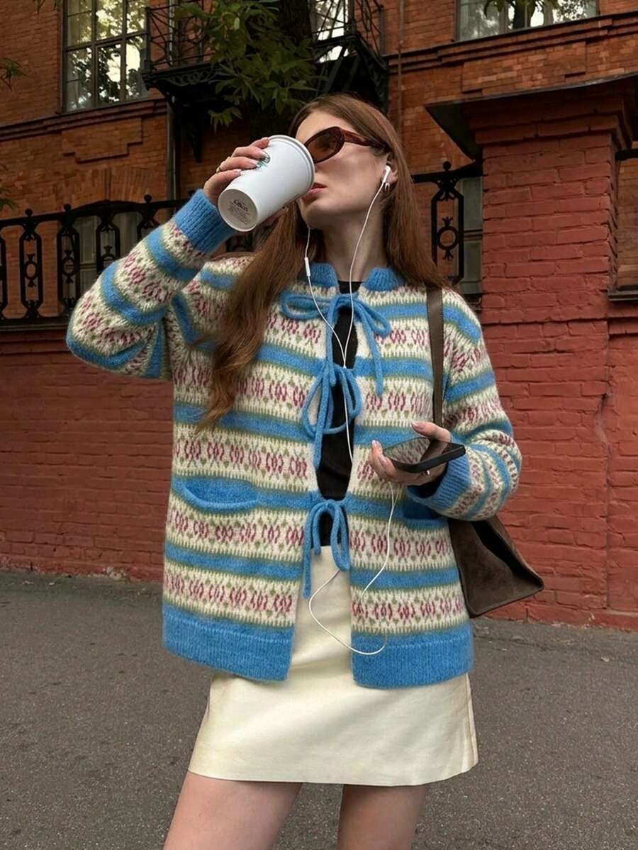 Patterned Tie Front Sweater Cardigan, Crew Neck, Long Sleeves, Front Pockets, Soft Knit, Blue, Cream And Pink, Vintage Fall Layering Style - Multicolor - View 1