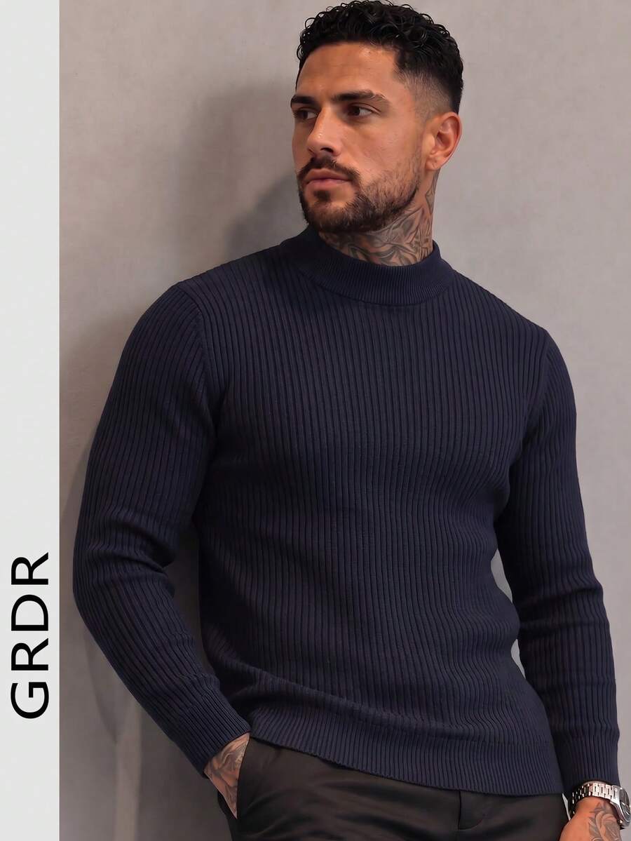 Men's Ribbed Half-Neck Casual Knit Sweater Long Sleeve