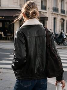 Women's Black PU Leather Jacket, Lamb Fleece Collar, Loose Long Sleeve Zipper Lapel Flight Jacket, Autumn/Winter Style - Black - View 5