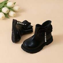Girls' Sweet Bow & Pearl Ankle Boots, Black Round Toe Side Zipper Ankle Boots, Suitable For Birthday Party, Holiday Dress Matching - Black - View 4