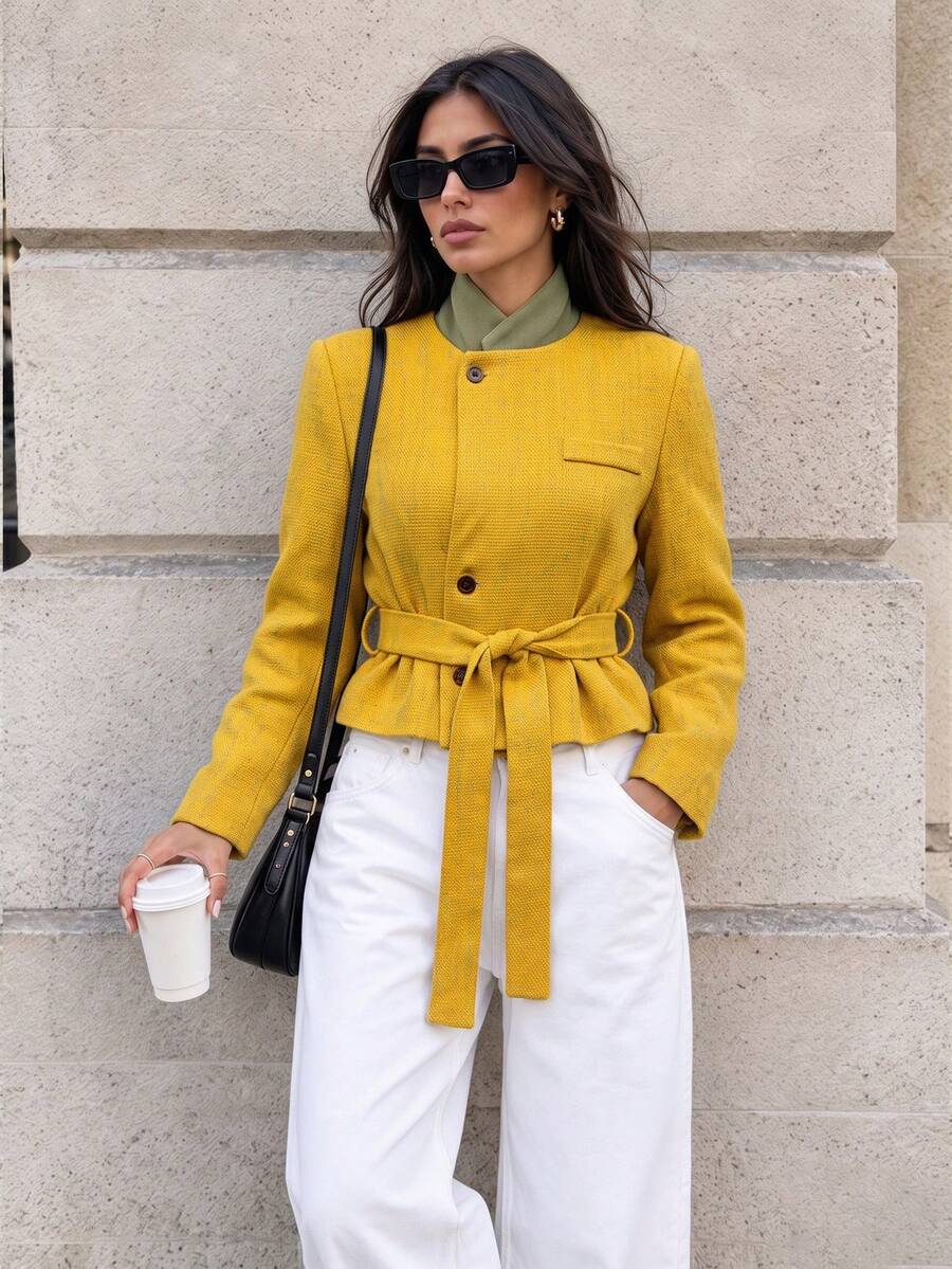 Women's Vintage Yellow Tweed Tie-Front Contrast Color Stand Collar Long Sleeve Polyester Fiber Autumn/Winter Coat - Mustard Yellow - View 1