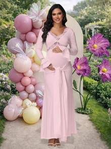 JustVH Maternity Lace Patchwork Ruched Tie-Waist Fitted Maxi Dress, Party Gown For Baby Shower/Photo Shoot - Pink - View 1