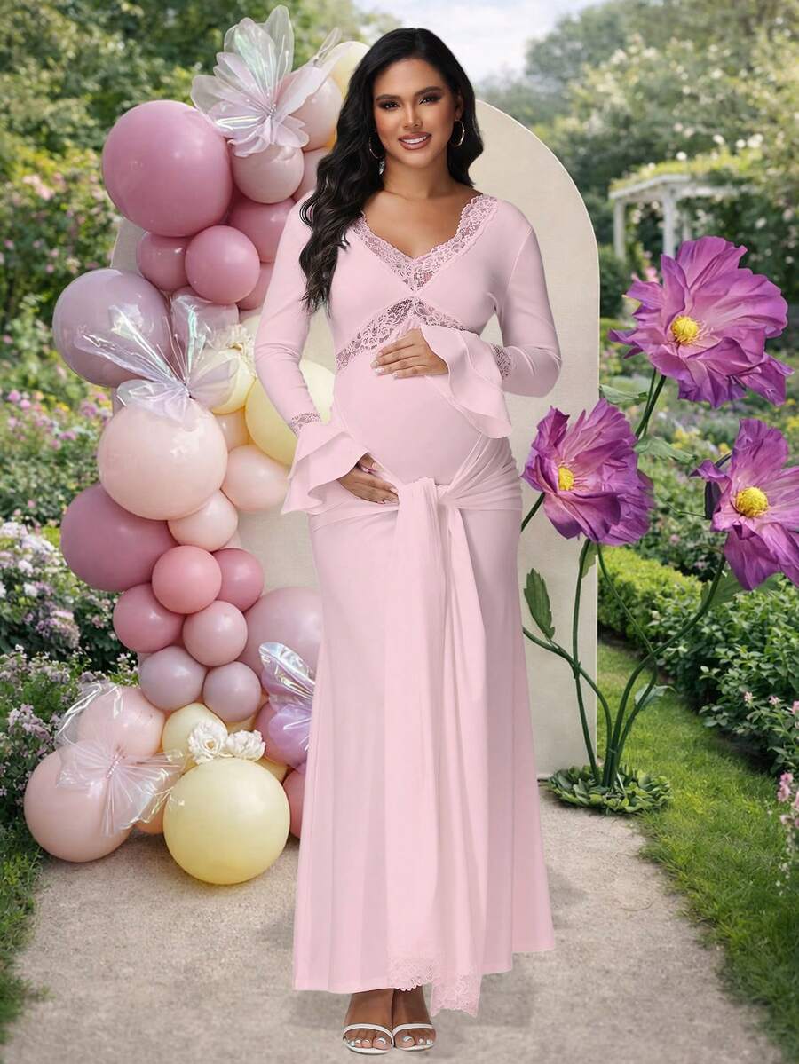 JustVH Maternity Lace Patchwork Ruched Tie-Waist Fitted Maxi Dress, Party Gown For Baby Shower/Photo Shoot - Pink - View 1