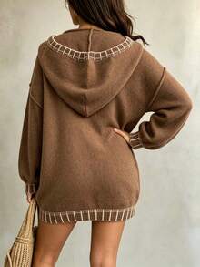 Plus Size Casual Fashion Versatile Drawstring Hooded Long Sleeve Knit Pullover Sweater - Brown - View 7