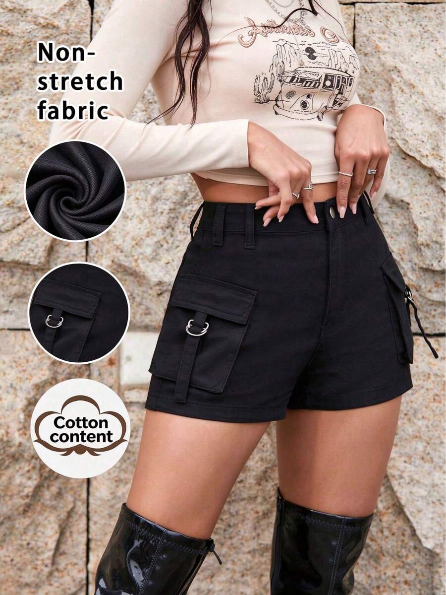 Flap Pocket Denim Shorts Casual Black Summer
