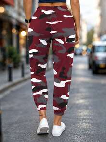 Fashionable Women Camouflage Print Drawstring Casual Pants Spring - Burgundy - View 3