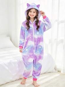 Tween Girl Purple Starry Sky Cat Ear Jumpsuit Pajamas - Multicolor - View 4