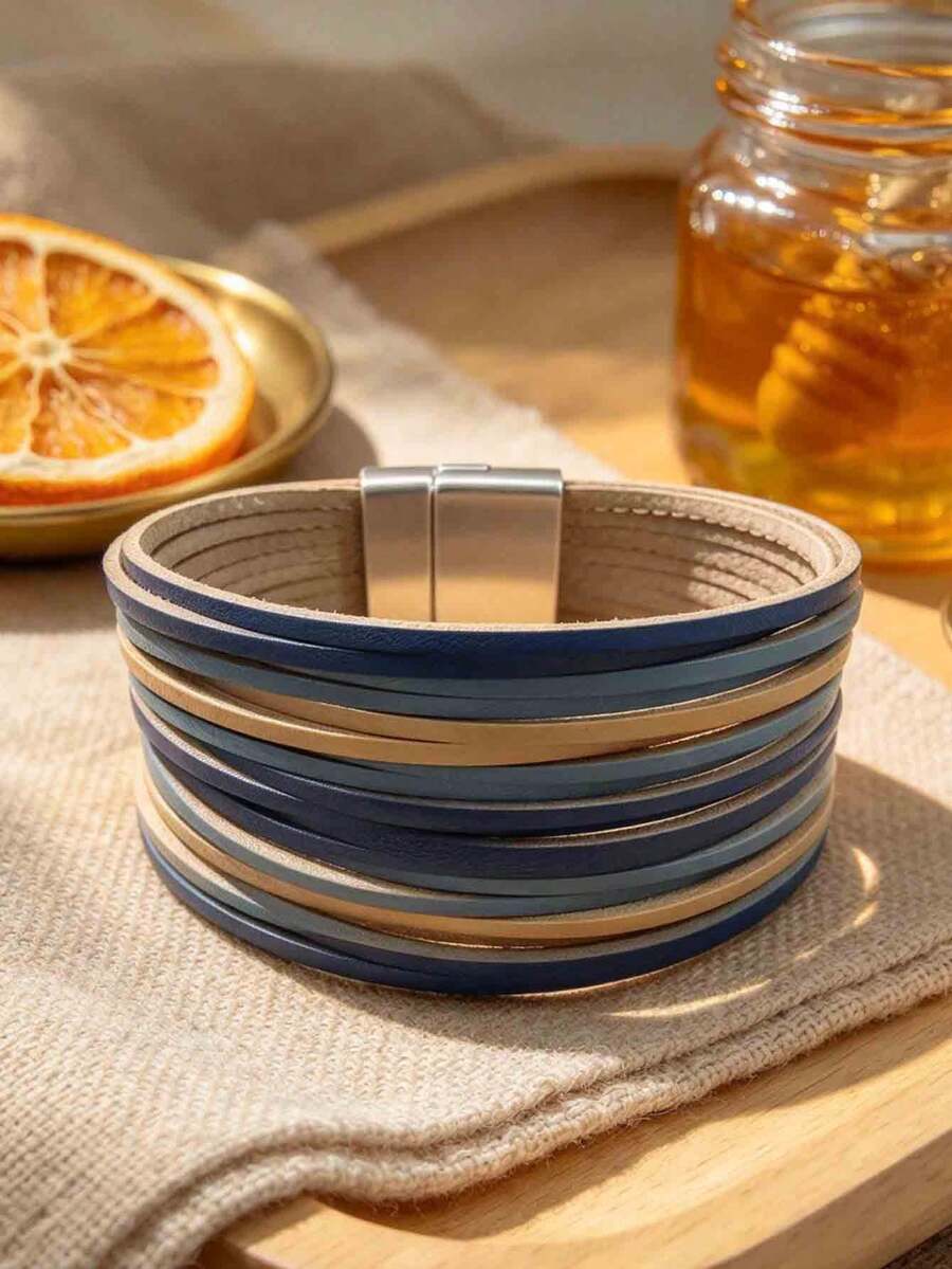 1pc European And American Style PU Leather Bracelet, Women's Fashion Commuter - Blue-brown - View 1