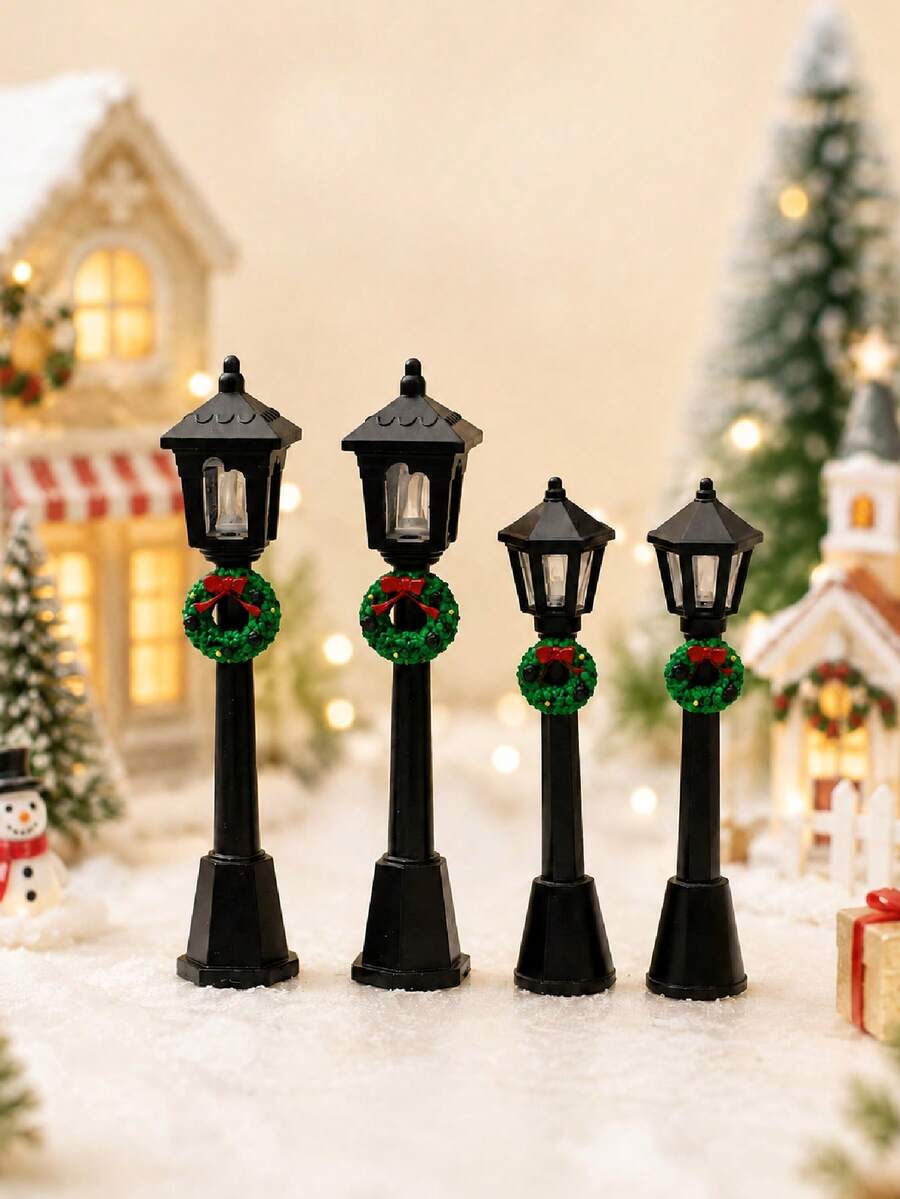 Mini Christmas Street Lamp Decoration With Green Wreath And Red Bow, Black Holiday Village Lamp Post Accessory, Suitable For Winter Snow Scene, Desktop Display, Dollhouse Landscape Decor, Holiday Home Decoration Set Prop - Miniature Street Light - View 1