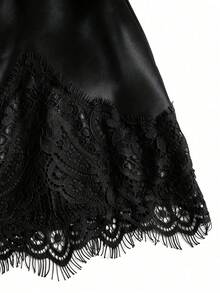 Elegant French Vintage Elastic Satin Silky Brown Casual Contrast Lace Skirt, Fashionable Versatile - Black - View 7